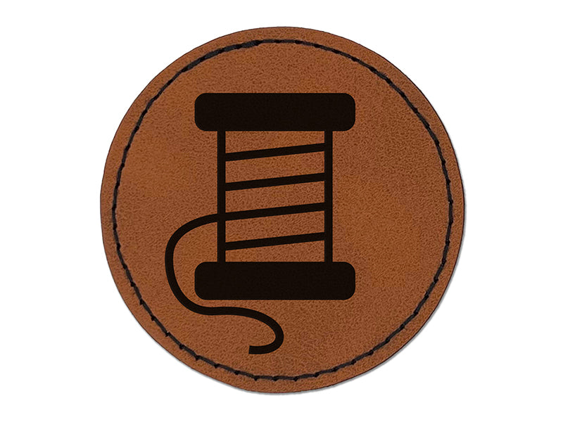 Spool of Thread Sewing Round Iron-On Engraved Faux Leather Patch Applique - 2.5"