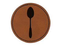 Spoon Solid Utensil Eating Sketch Round Iron-On Engraved Faux Leather Patch Applique - 2.5"