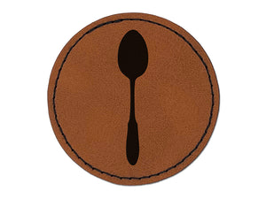 Spoon Solid Utensil Eating Sketch Round Iron-On Engraved Faux Leather Patch Applique - 2.5"