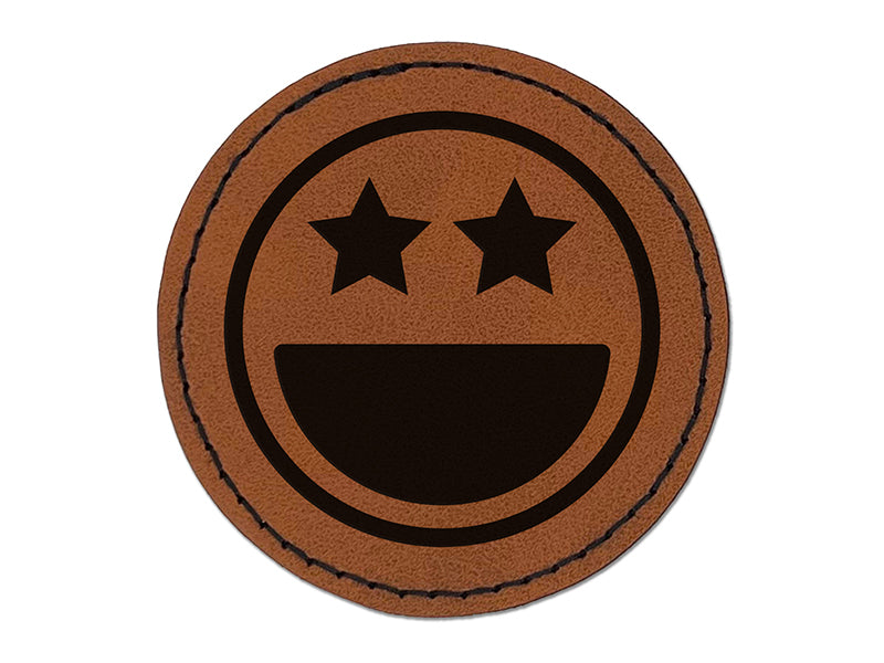 Star Eyes Happy Face Big Smile Mouth Emoticon Round Iron-On Engraved Faux Leather Patch Applique - 2.5"