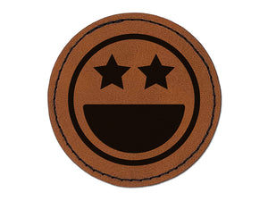 Star Eyes Happy Face Big Smile Mouth Emoticon Round Iron-On Engraved Faux Leather Patch Applique - 2.5"