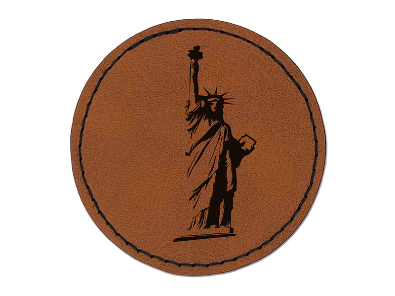 Statue of Liberty Sketch Round Iron-On Engraved Faux Leather Patch Applique - 2.5"