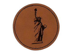 Statue of Liberty Sketch Round Iron-On Engraved Faux Leather Patch Applique - 2.5"