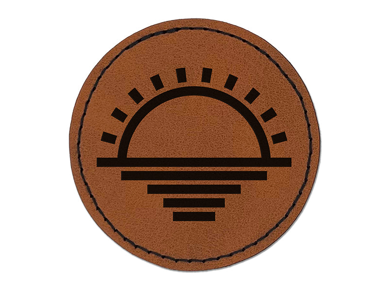 Sunset Over Water Round Iron-On Engraved Faux Leather Patch Applique - 2.5"