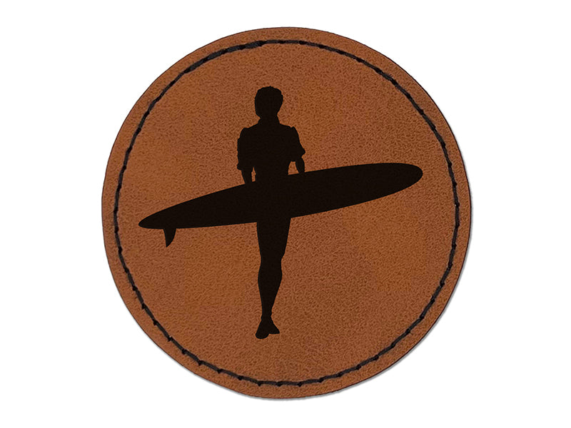 Surfer Surfing Walking with Surfboard Silhouette Round Iron-On Engraved Faux Leather Patch Applique - 2.5"