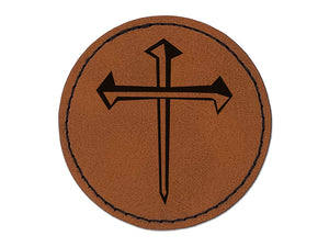 Three 3 Nails Cross Christian Stylized Round Iron-On Engraved Faux Leather Patch Applique - 2.5"