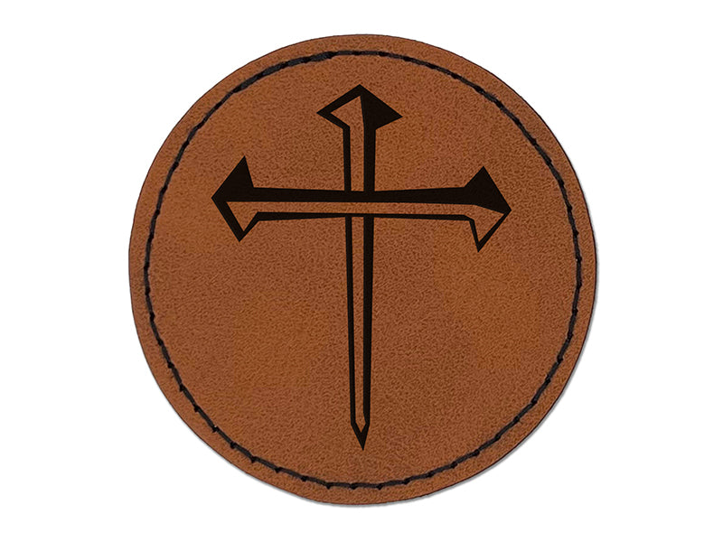 Three 3 Nails Cross Christian Stylized Round Iron-On Engraved Faux Leather Patch Applique - 2.5"