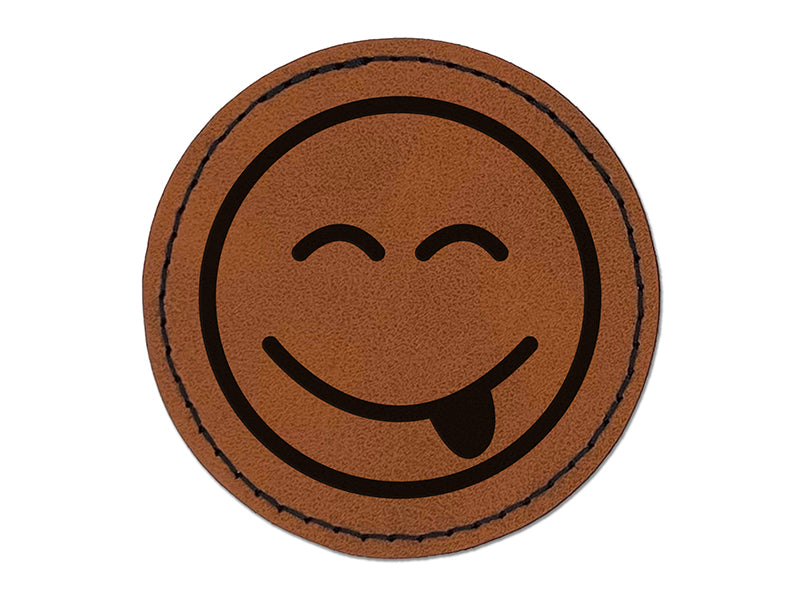 Tongue Out Face Emoticon Round Iron-On Engraved Faux Leather Patch Applique - 2.5"