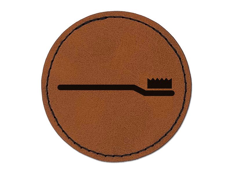 Toothbrush Icon Round Iron-On Engraved Faux Leather Patch Applique - 2.5"