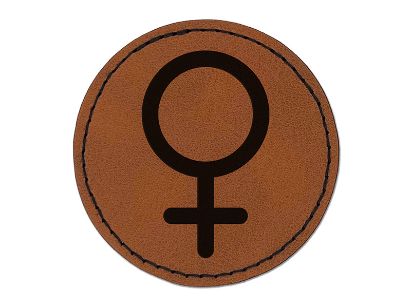 Venus Woman Female Gender Symbol Round Iron-On Engraved Faux Leather Patch Applique - 2.5"