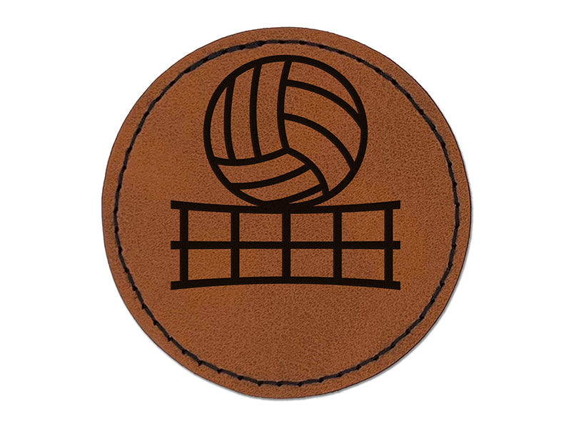 Volleyball and Net Round Iron-On Engraved Faux Leather Patch Applique - 2.5"