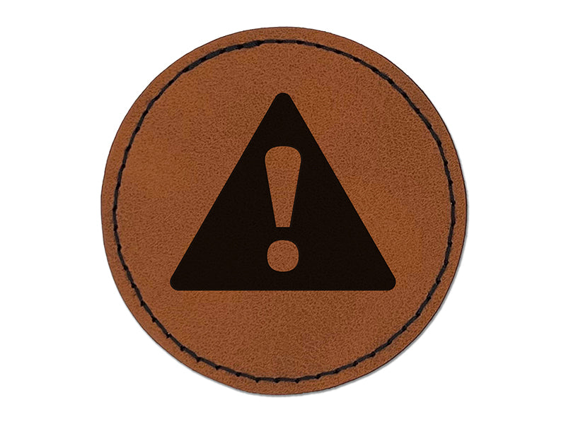 Warning Symbol Exclamation Mark Round Iron-On Engraved Faux Leather Patch Applique - 2.5"