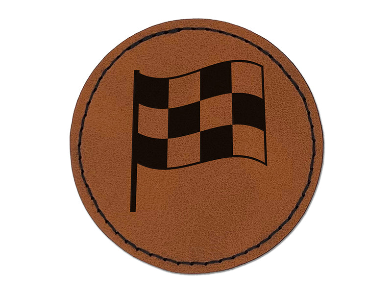 Waving Checkered Flag Round Iron-On Engraved Faux Leather Patch Applique - 2.5"
