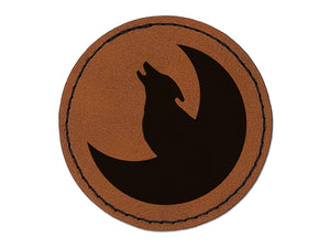 Wolf Howling with Moon Round Iron-On Engraved Faux Leather Patch Applique - 2.5"