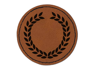Wreath Laurel Branch Circle Frame Round Iron-On Engraved Faux Leather Patch Applique - 2.5"
