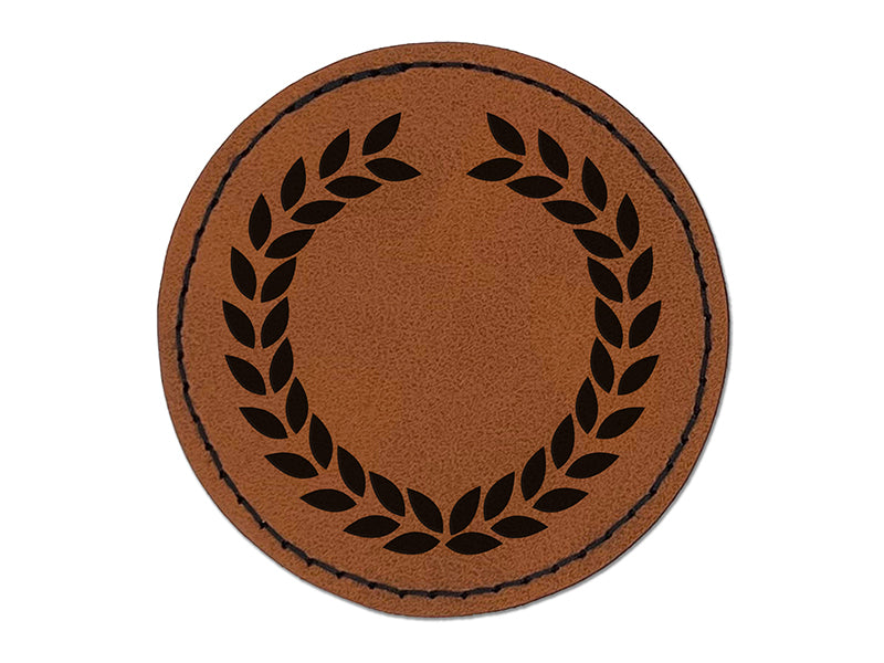 Wreath Laurel Branch Circle Frame Round Iron-On Engraved Faux Leather Patch Applique - 2.5"