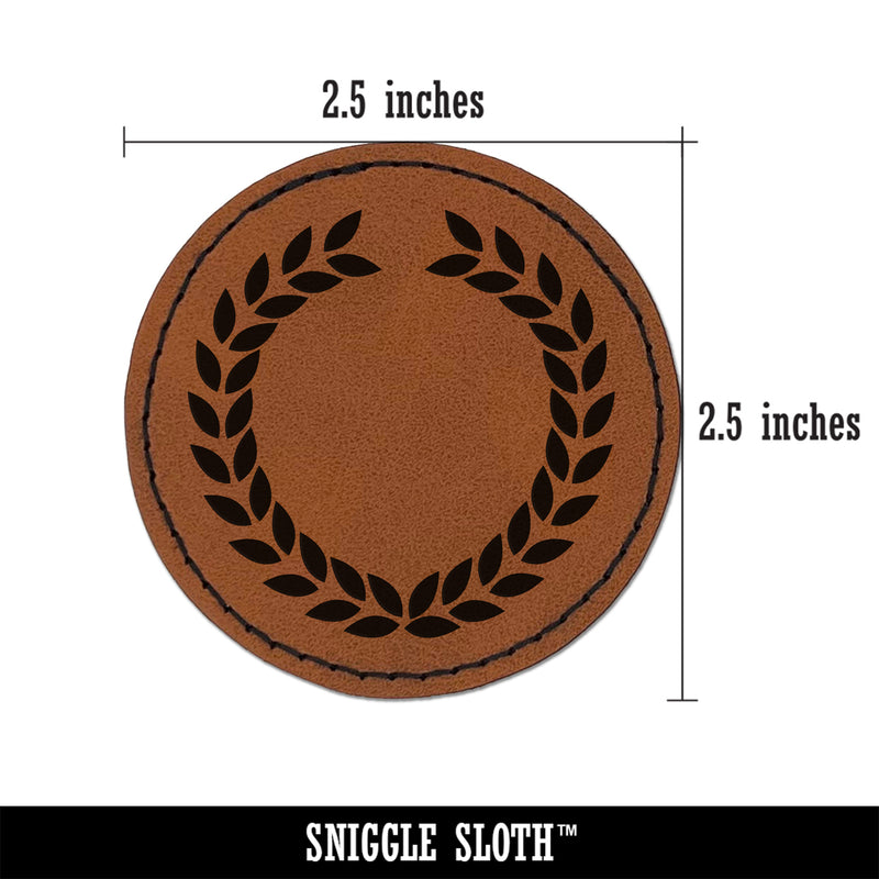 Wreath Laurel Branch Circle Frame Round Iron-On Engraved Faux Leather Patch Applique - 2.5"
