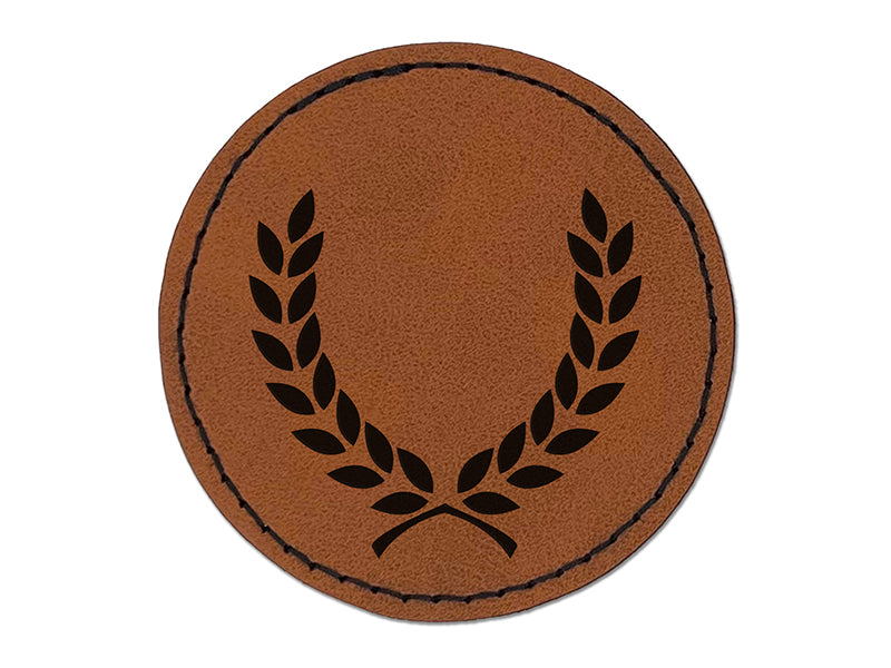 Wreath Laurel Branch Frame Round Iron-On Engraved Faux Leather Patch Applique - 2.5"