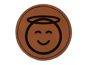 Angel Face Halo Emoticon Round Iron-On Engraved Faux Leather Patch Applique - 2.5"