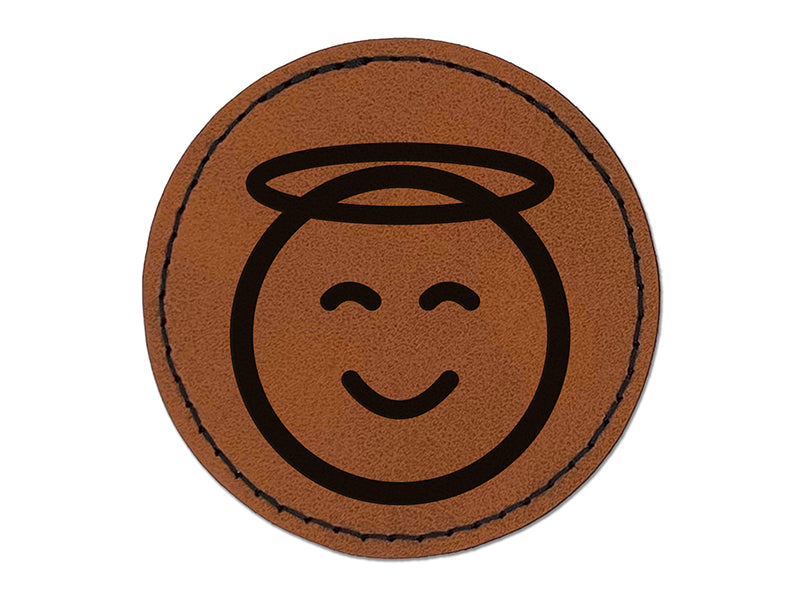 Angel Face Halo Emoticon Round Iron-On Engraved Faux Leather Patch Applique - 2.5"