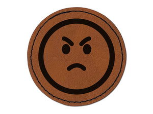 Angry Mad Face Emoticon Round Iron-On Engraved Faux Leather Patch Applique - 2.5"