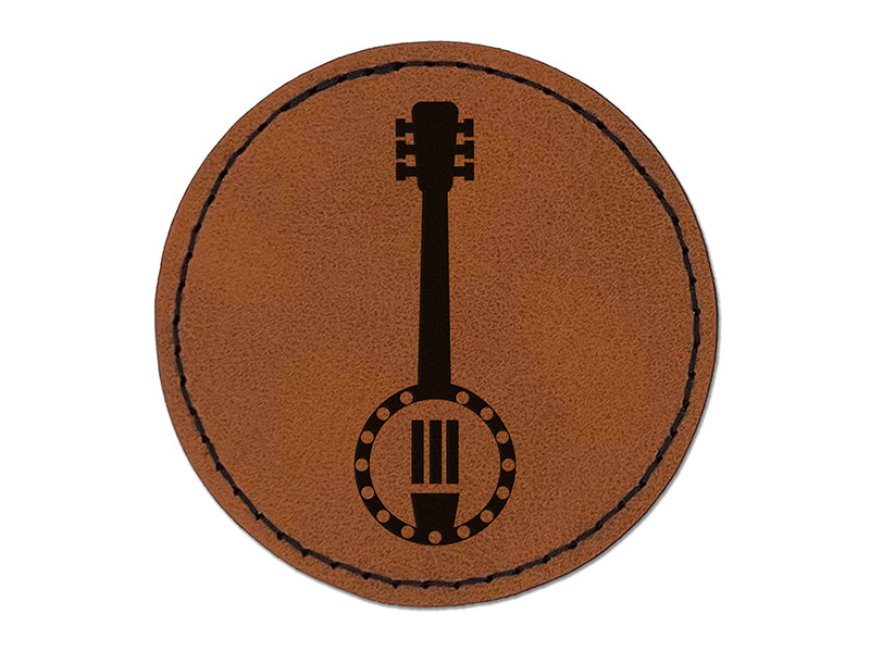 Banjo Music Round Iron-On Engraved Faux Leather Patch Applique - 2.5"