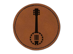 Banjo Music Round Iron-On Engraved Faux Leather Patch Applique - 2.5"