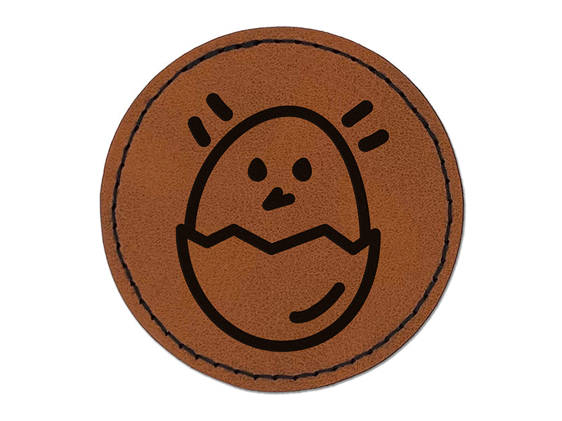 Chicken Hatching in Egg Doodle Round Iron-On Engraved Faux Leather Patch Applique - 2.5"