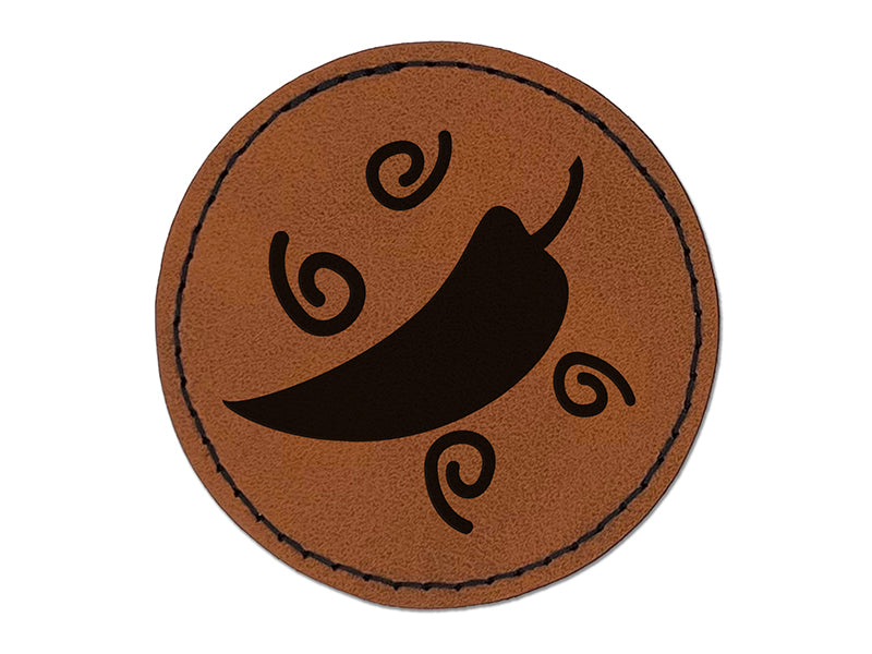 Chili Pepper with Swirls Fiesta Round Iron-On Engraved Faux Leather Patch Applique - 2.5"