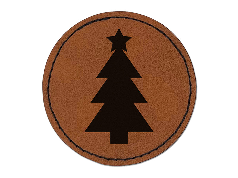 Christmas Tree with Star Solid Round Iron-On Engraved Faux Leather Patch Applique - 2.5"