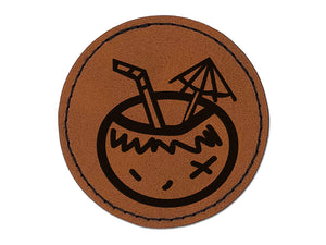 Coconut Drink Tropical Doodle Round Iron-On Engraved Faux Leather Patch Applique - 2.5"