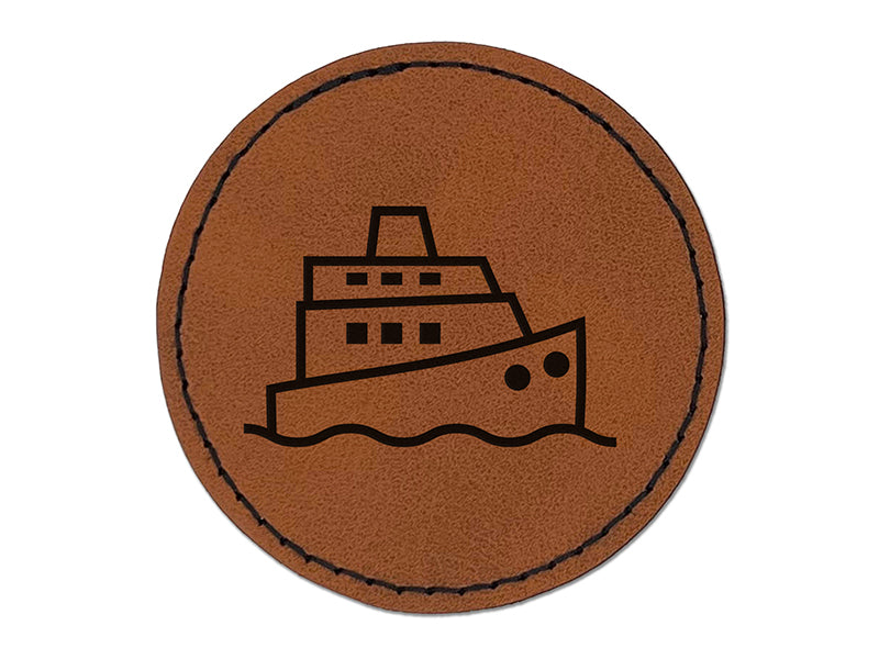 Cruise Ship Yacht Travel Boat Round Iron-On Engraved Faux Leather Patch Applique - 2.5"