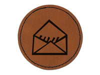 Envelope Letter Mail Doodle Round Iron-On Engraved Faux Leather Patch Applique - 2.5"