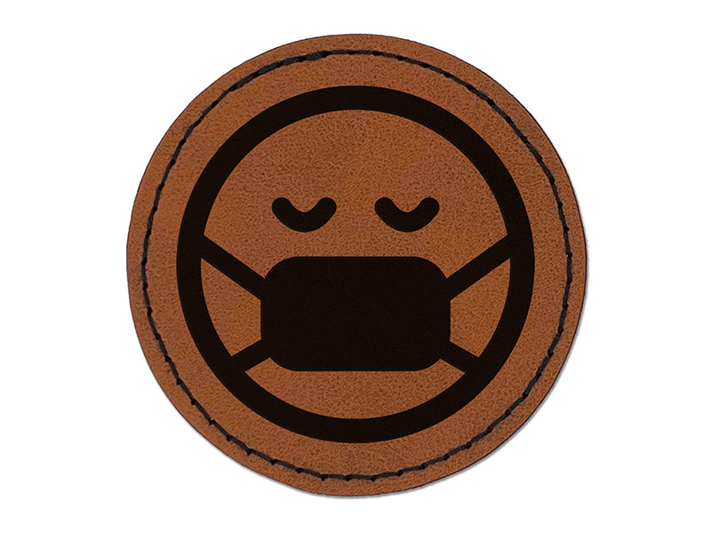 Face Mask Sick Health Emoticon Round Iron-On Engraved Faux Leather Patch Applique - 2.5"