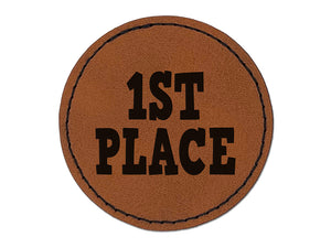 First Place Fun Text Round Iron-On Engraved Faux Leather Patch Applique - 2.5"