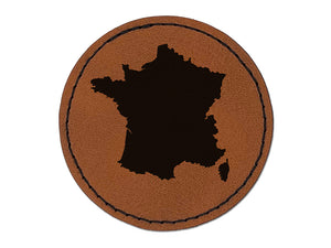 France Country Solid Round Iron-On Engraved Faux Leather Patch Applique - 2.5"