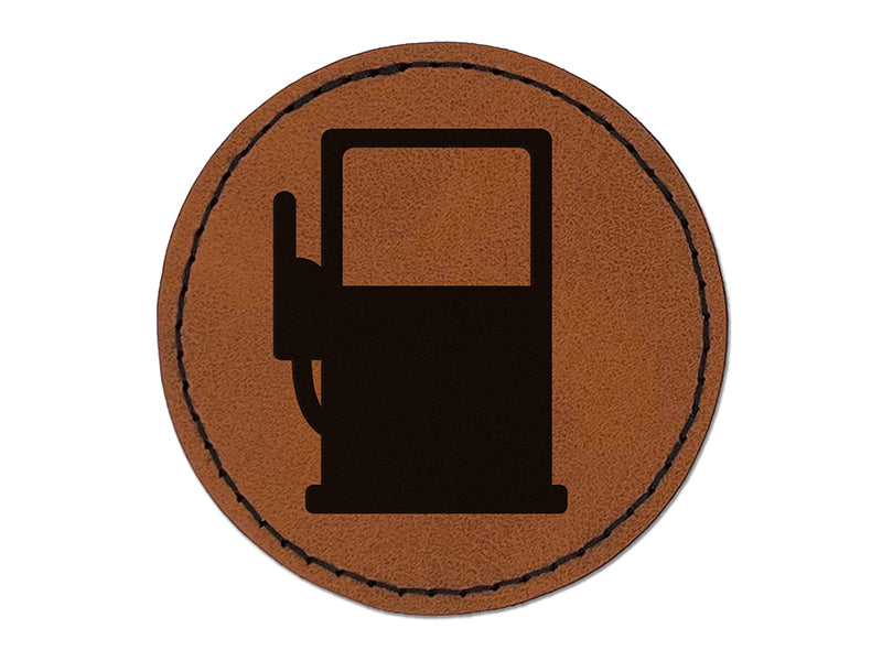 Gas Station Pump Round Iron-On Engraved Faux Leather Patch Applique - 2.5"