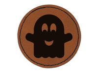 Ghost Smiling Halloween Round Iron-On Engraved Faux Leather Patch Applique - 2.5"
