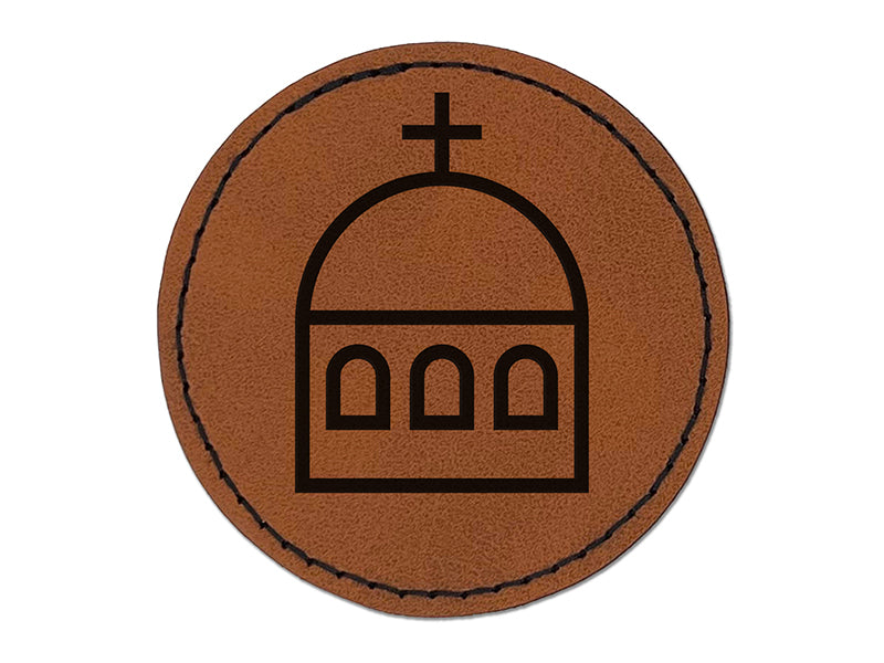 Greece Greek Symbol Church Dome Round Iron-On Engraved Faux Leather Patch Applique - 2.5"