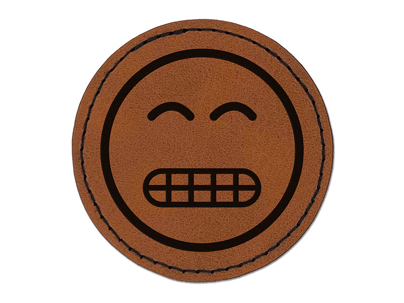 Grimace Face Sheepish Emoticon Round Iron-On Engraved Faux Leather Patch Applique - 2.5"