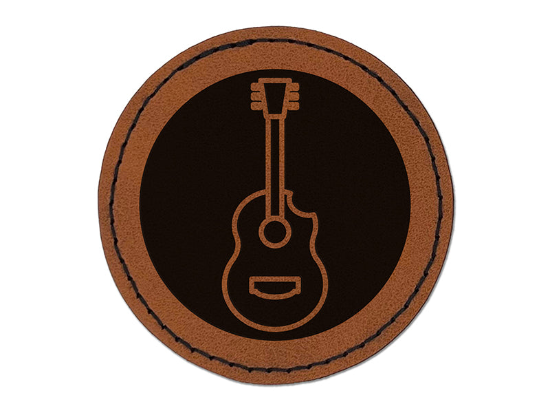 Guitar in Circle Music Round Iron-On Engraved Faux Leather Patch Applique - 2.5"