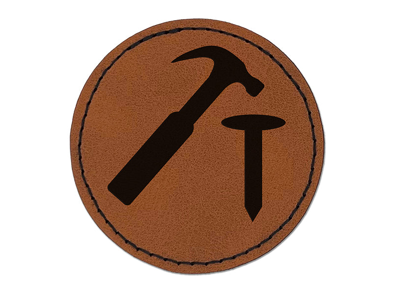 Hammer and Nail Construction Round Iron-On Engraved Faux Leather Patch Applique - 2.5"