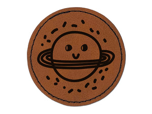 Happy Planet Space Doodle Round Iron-On Engraved Faux Leather Patch Applique - 2.5"