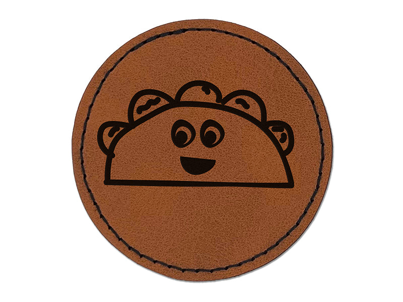 Happy Taco Doodle Round Iron-On Engraved Faux Leather Patch Applique - 2.5"