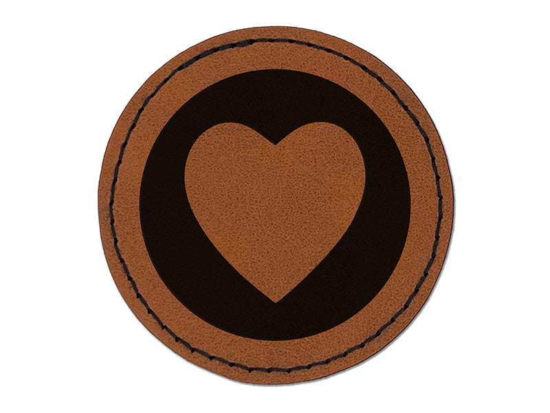 Heart in Circle Round Iron-On Engraved Faux Leather Patch Applique - 2.5"