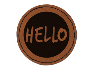 Hello in Circle Round Iron-On Engraved Faux Leather Patch Applique - 2.5"