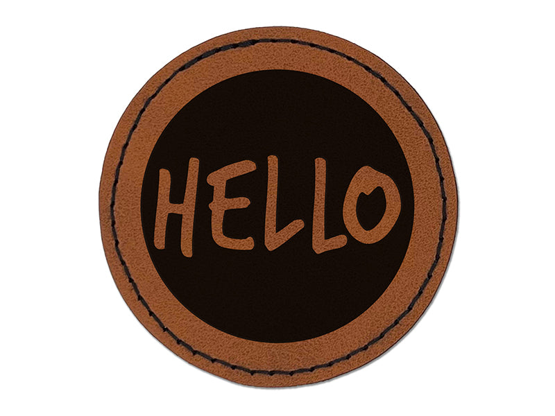 Hello in Circle Round Iron-On Engraved Faux Leather Patch Applique - 2.5"