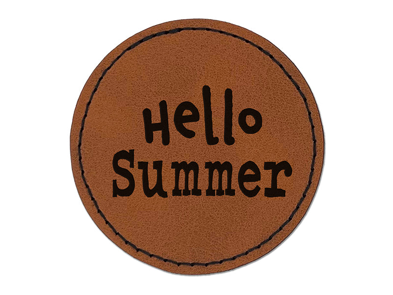 Hello Summer Fun Text Round Iron-On Engraved Faux Leather Patch Applique - 2.5"