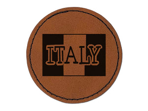 Italy Flag Text Round Iron-On Engraved Faux Leather Patch Applique - 2.5"