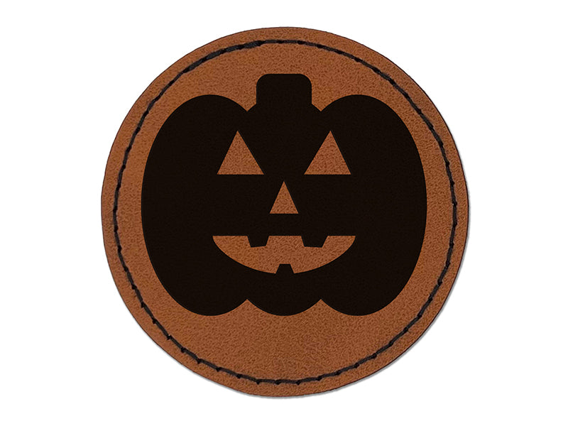 Jack O'Lantern Happy Halloween Pumpkin Round Iron-On Engraved Faux Leather Patch Applique - 2.5"